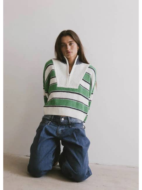 Preppy Color Block Half-Zip Green Striped Sweater