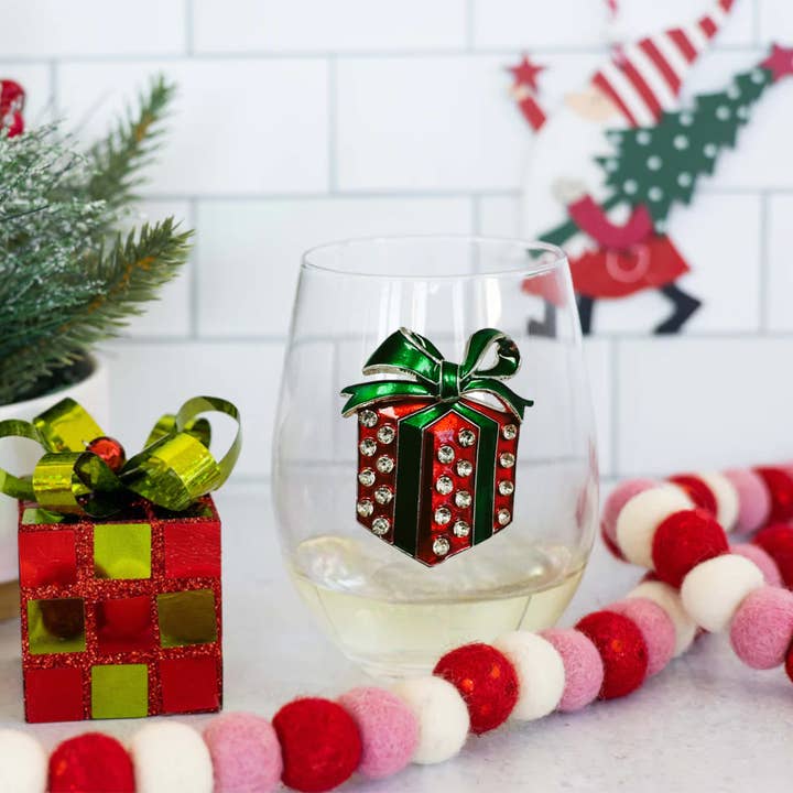 Stemless wine glass with bedazzled Christmas present