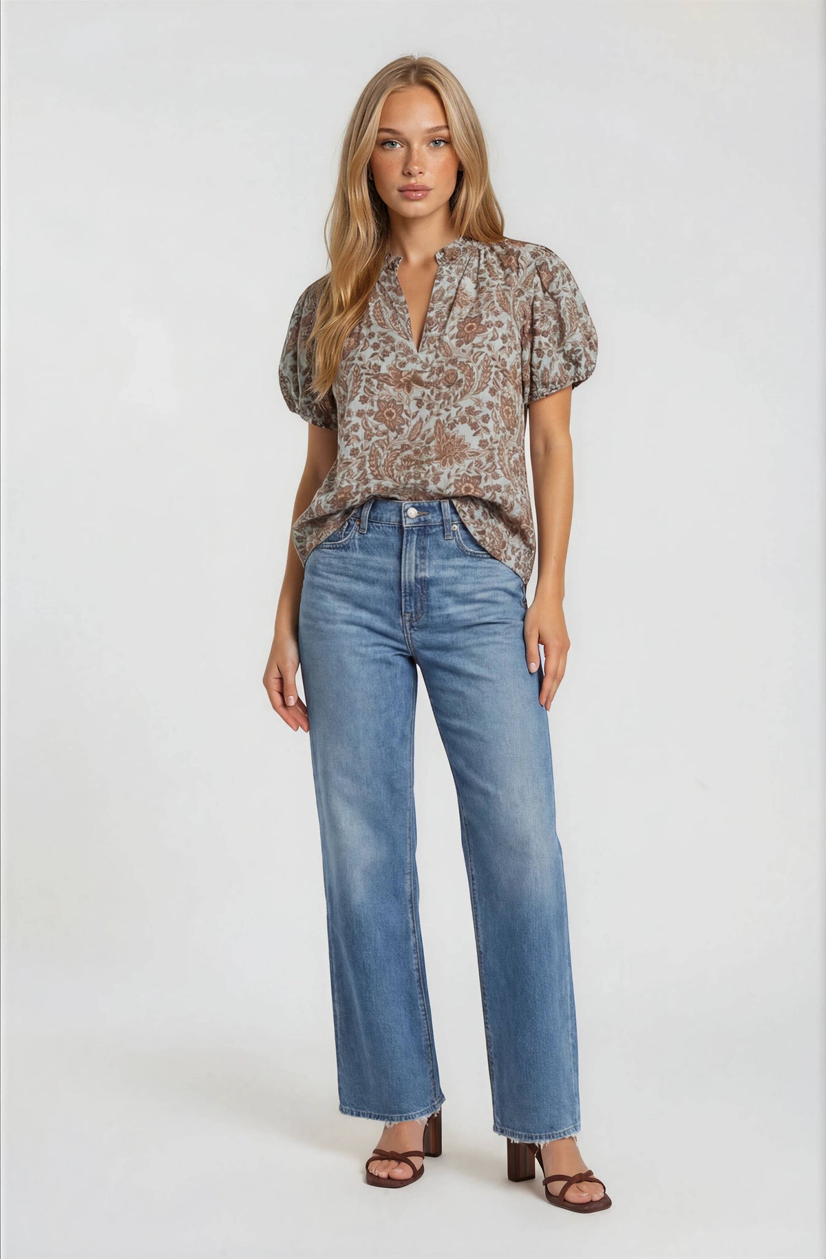 Puff Sleeve V-Neck Printed Blouse