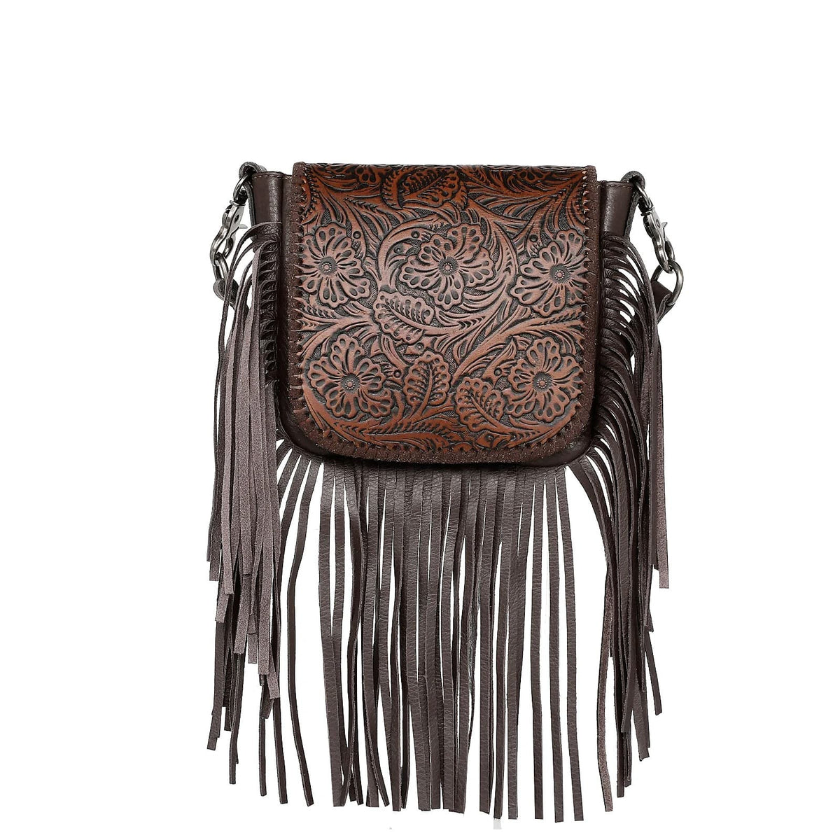 Genuine Tooled Leather Coffee Fringe Crossbody