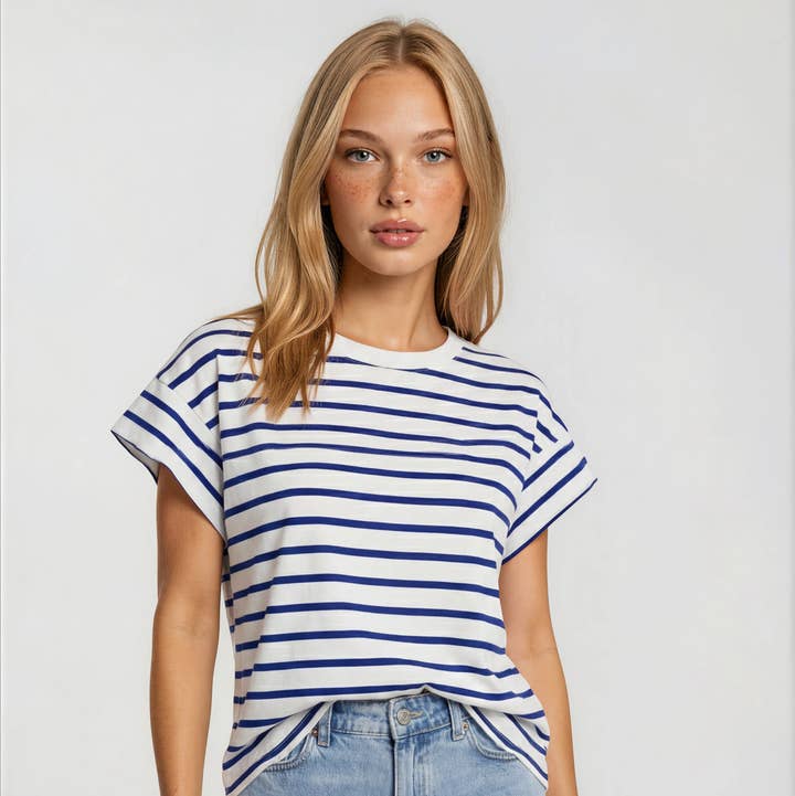 Raglan Cap Sleeve Striped T-Shirt