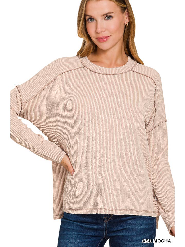 Raised Rib Raw Edge Long Sleeve Top in Ash Mocha