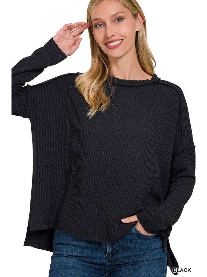 Raised Rib Raw Edge Long Sleeve Top in Black