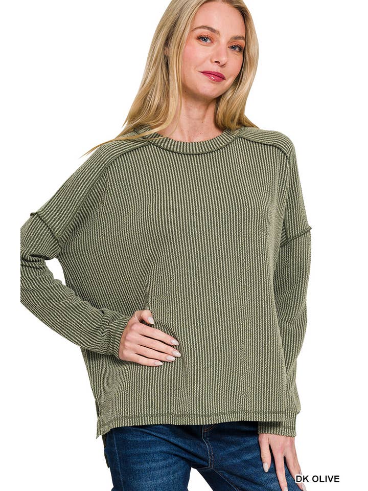 Raised Rib Raw Edge Long Sleeve Top in Dark Olive
