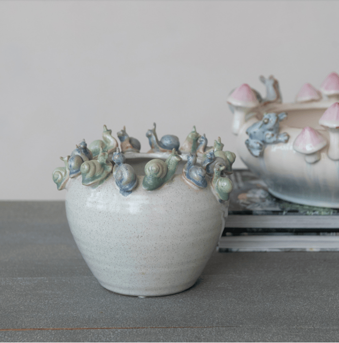 Reactive Glaze Stoneware Planter with 3D Snails on Rim
