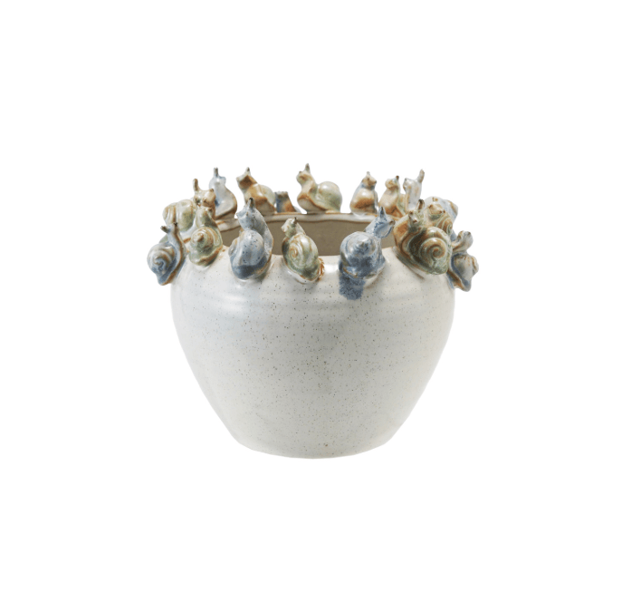 Reactive Glaze Stoneware Planter with 3D Snails on Rim