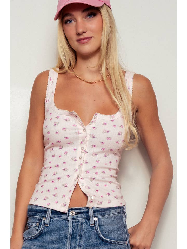 Ribbed Cotton Button-Front Picot Trimmed Tank