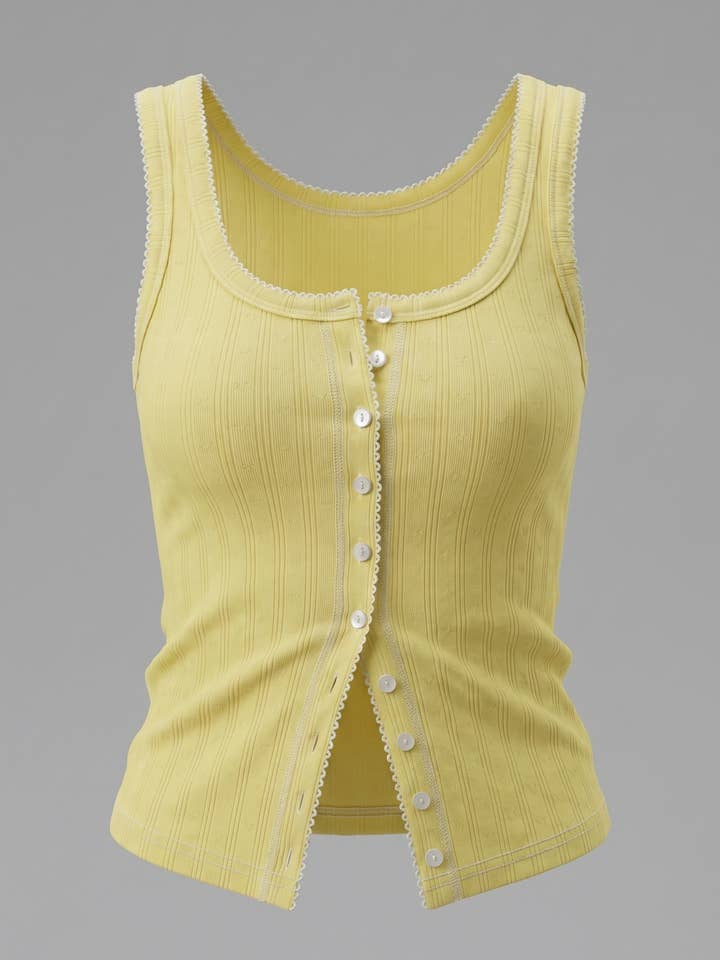 Ribbed Cotton Button-Front Picot Trimmed Tank