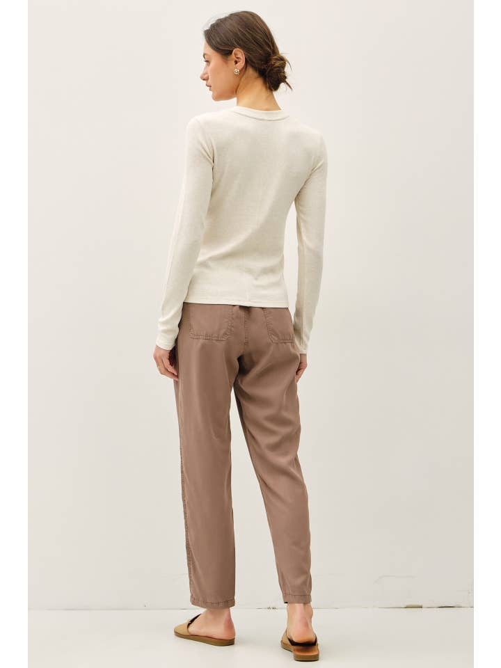 Ribbed Crewneck Long Sleeve Basic Top in Oatmeal