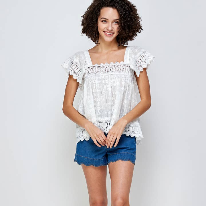 Rosario Scalloped Lace Trim Square Neck Top in Off White