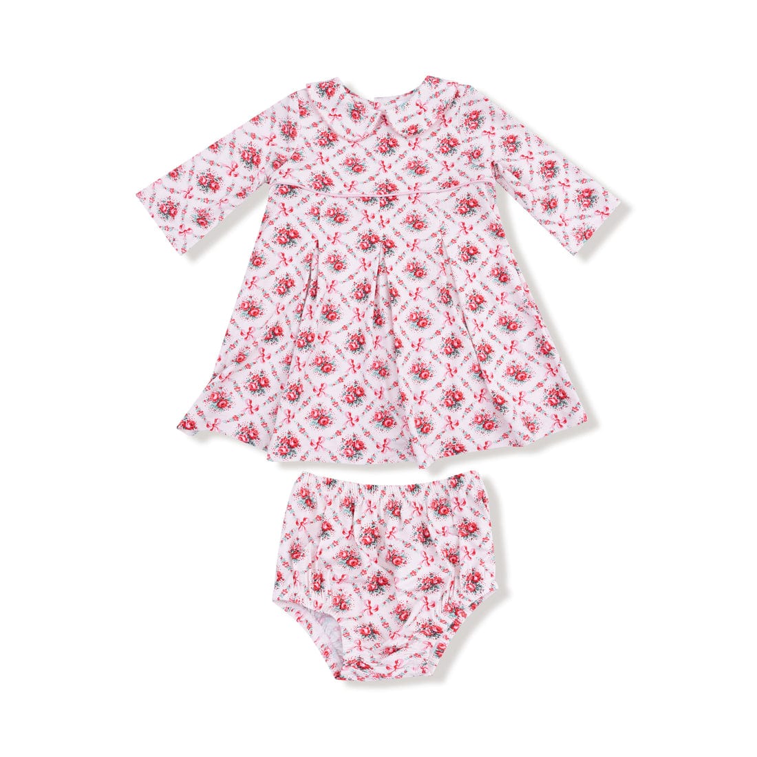 Rose Bow Lattice Box Pleat Dress wirh 3/4 Sleeve + Peterpan Collar & Diaper Cover