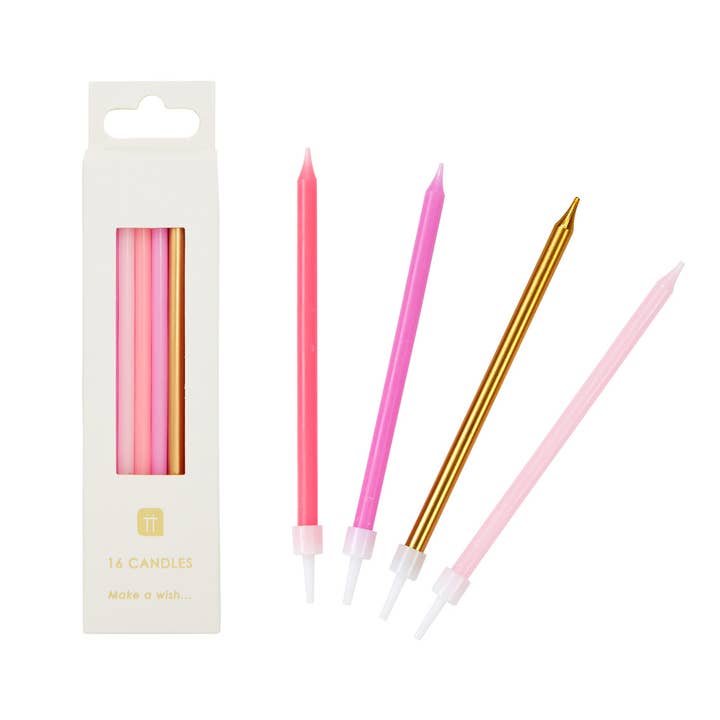 Rose Pink & Gold Birthday Candles, 16 PK