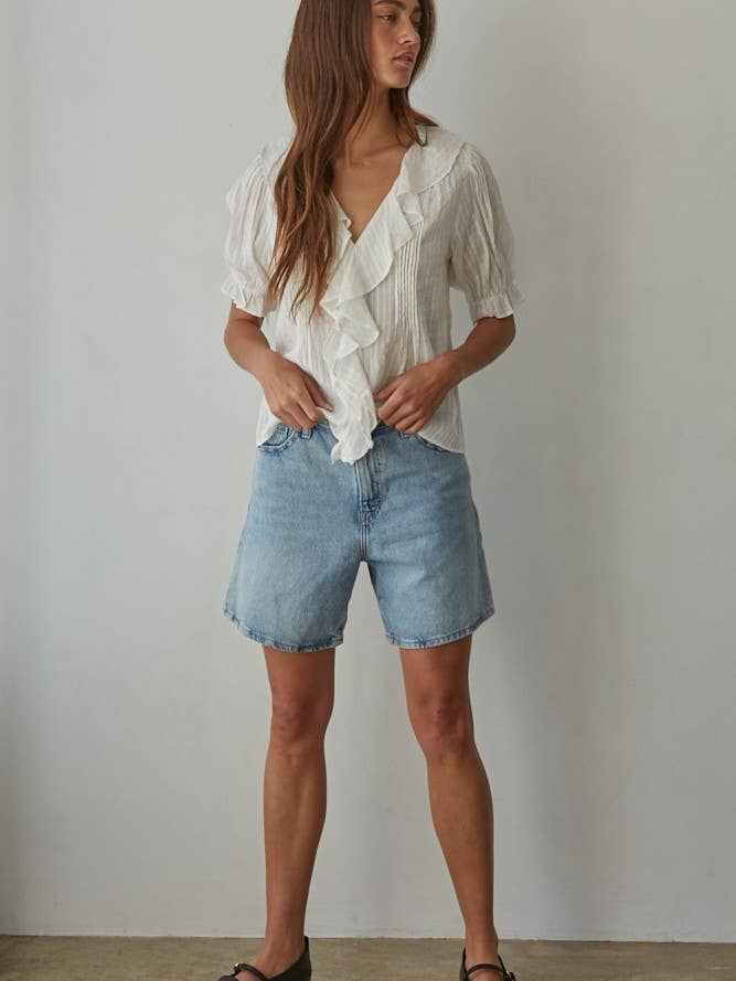 Ruffle Trim V-Neck Button Down Blouse
