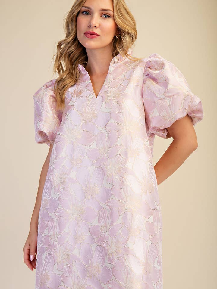 Ruffle Trim V-Neck Puff Sleeve Floral Mini Dress in Pink