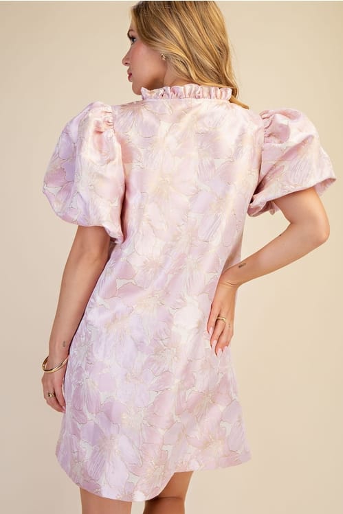 Ruffle Trim V-Neck Puff Sleeve Floral Mini Dress in Pink
