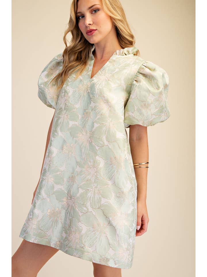 Ruffle Trim V-Neck Puff Sleeve Floral Mini Dress in Sage