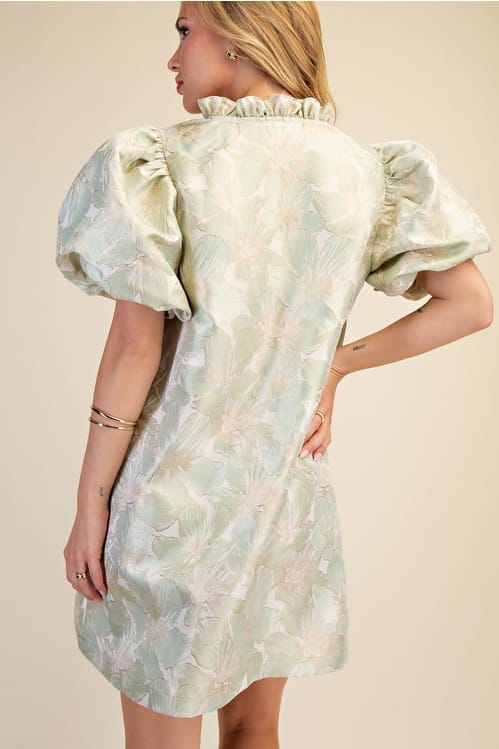 Ruffle Trim V-Neck Puff Sleeve Floral Mini Dress in Sage