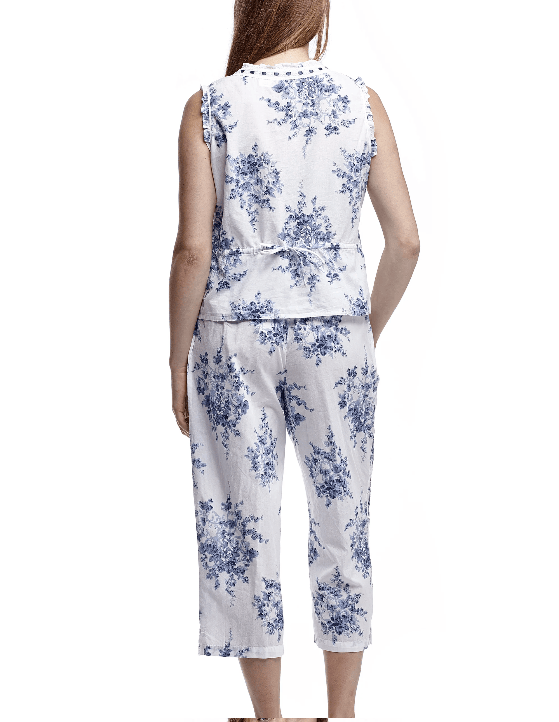 White & Blue Floral Print Sleeveless Top Cotton Pajama Set