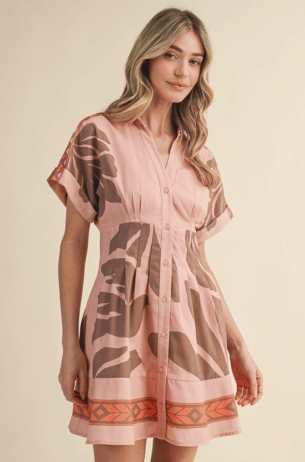Pleated Waist Tropical Print Button Down Mini Dress