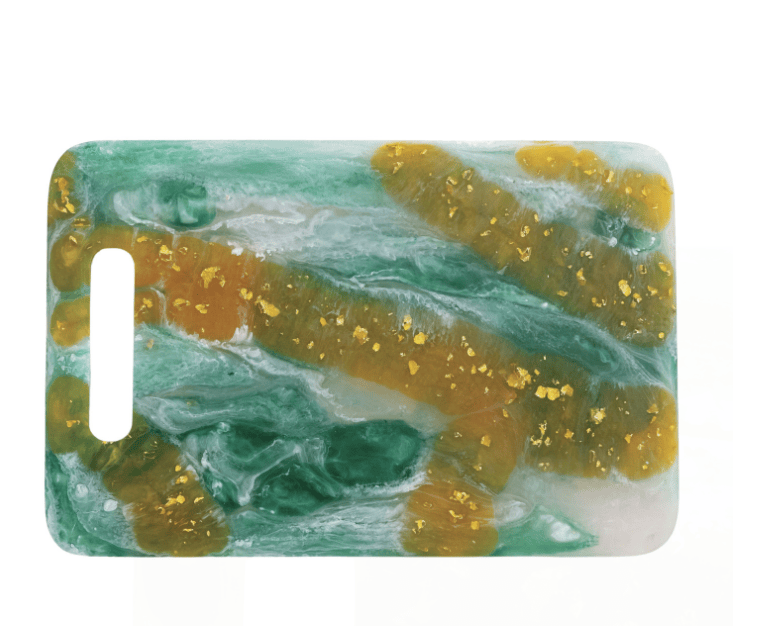 Teal, White & Orange Marbled Resin Cheese/Serving Board with Gold Foil & Handle (Each One Will Vary)