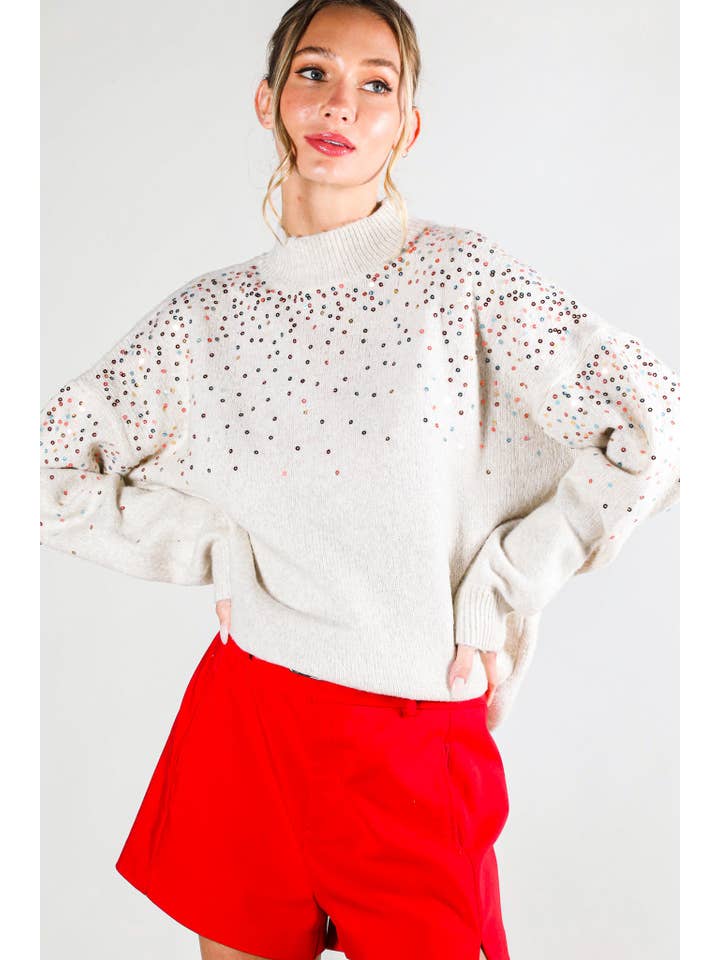 Sequin Embellishment Detail Mock Neck Knitted Sweater