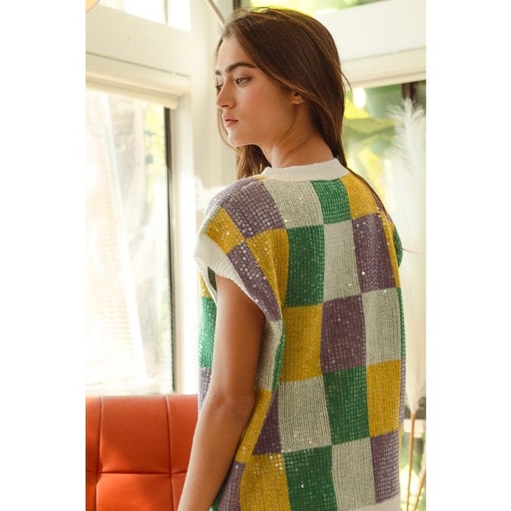 Sequin Mardi Gras Checker Short Sleeve Sweater