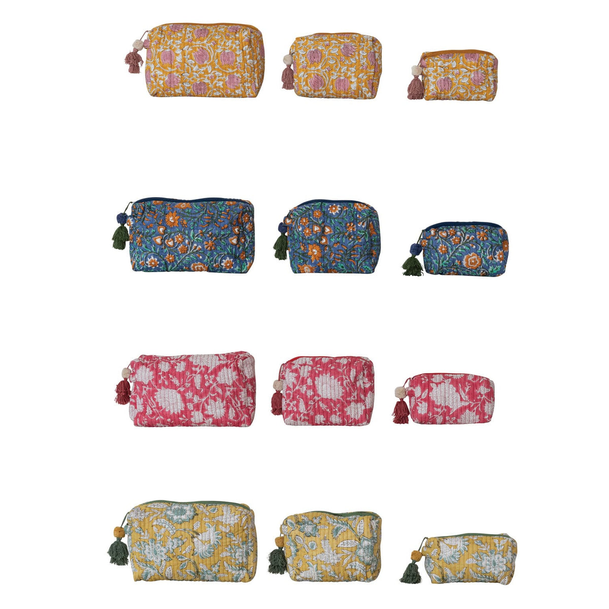 Set of 3 Floral Pattern Quilted Cotton Voile Block Zip Pouches with Interior Lining, 4 Available Colors