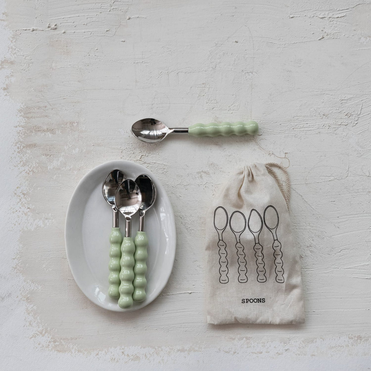Set of 4 Stainless Steel & Aluminum Spoons with Mint Enameled Handles