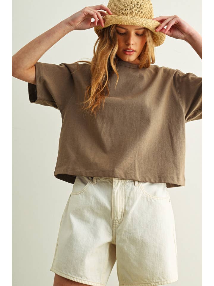 Short Sleeve Linen Knit Top in Olive