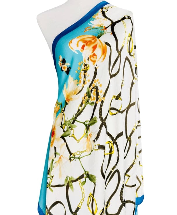 Silky Aqua Creamy Chain & Floral Scarf