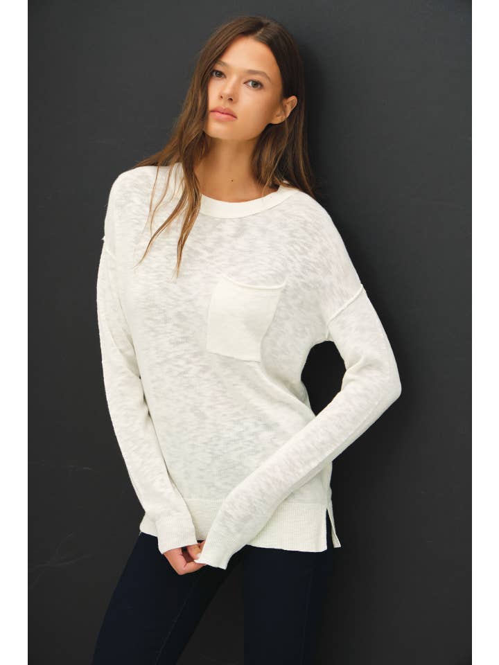 Slub Yarn Round Neck Sweater with Chest Pocket in White