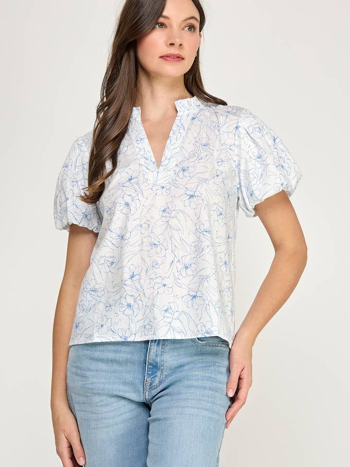 Split Neck Puff Sleeve Floral Blouse