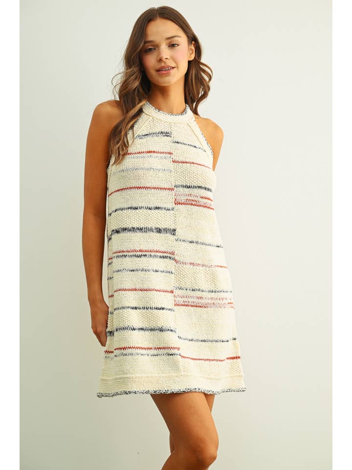 Staggered Stripe Knit Halter Mini Dress
