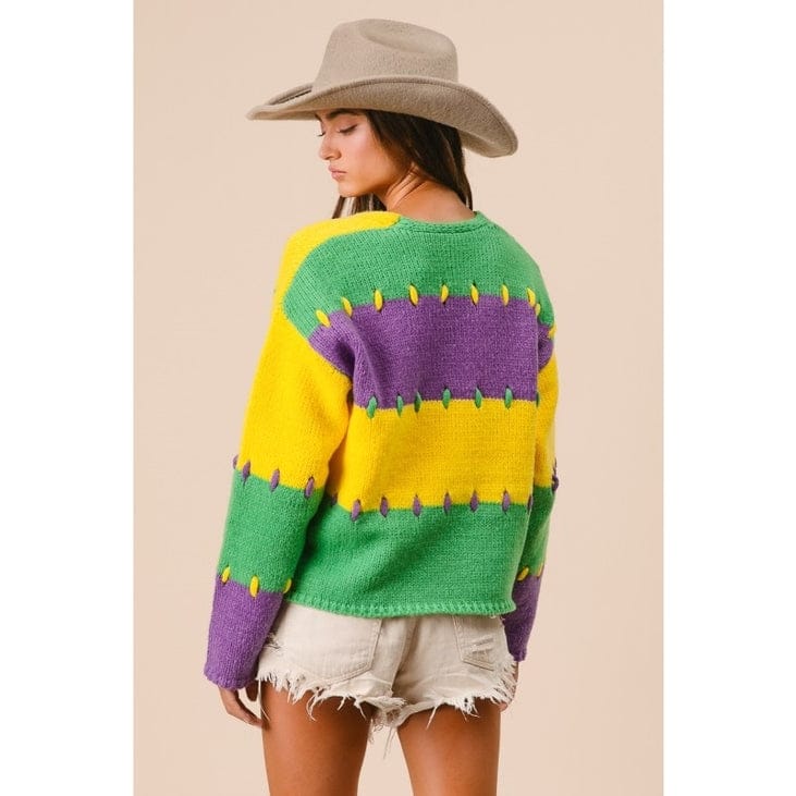 Stitch Detail Mardi Gras Color Block Sweater