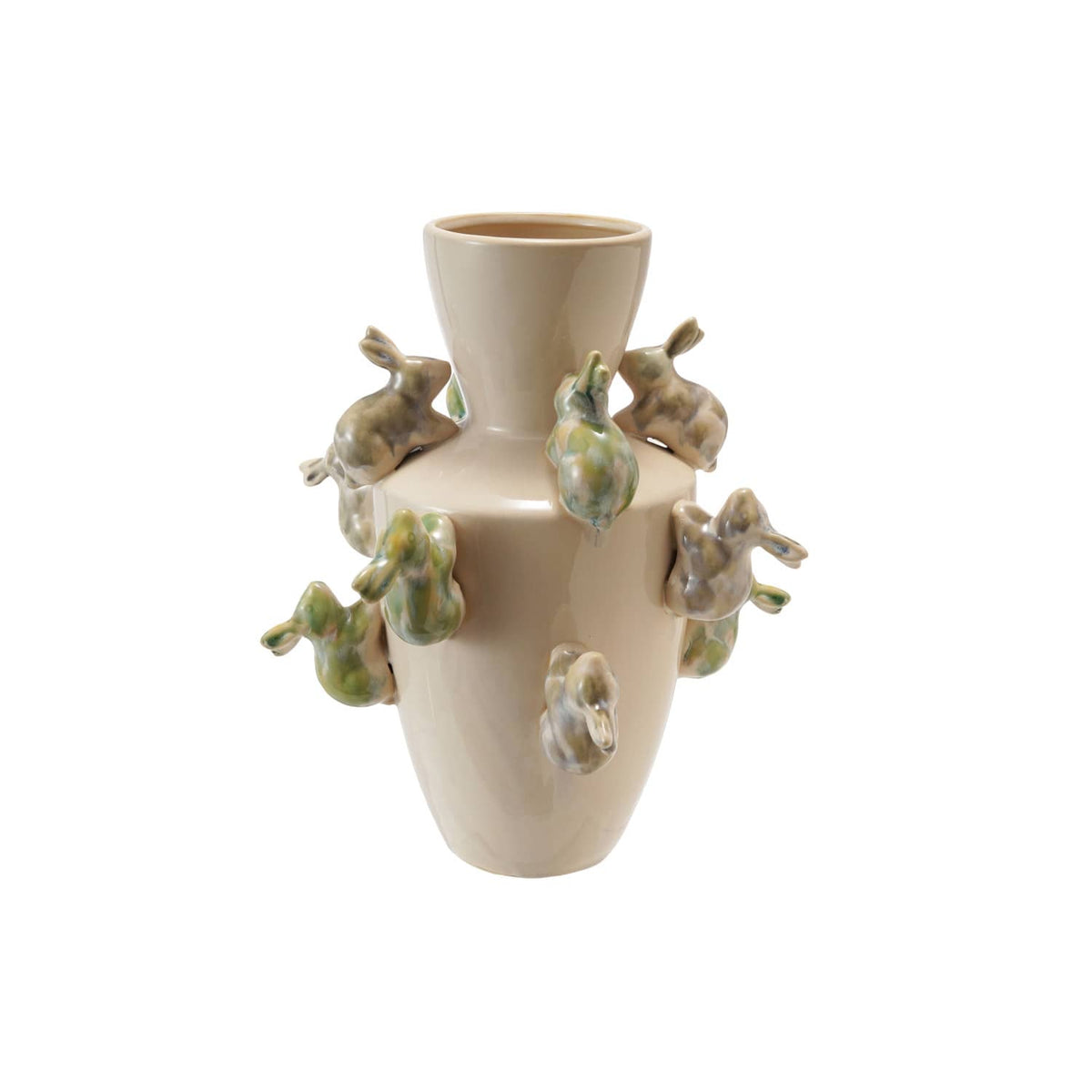 Stoneware Vase with 3D Rabbits, Reactive Glaze (Each One Will Vary)
