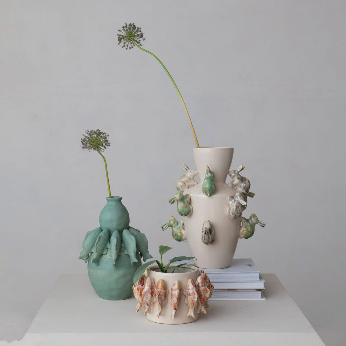 Stoneware Vase with 3D Rabbits, Reactive Glaze (Each One Will Vary)