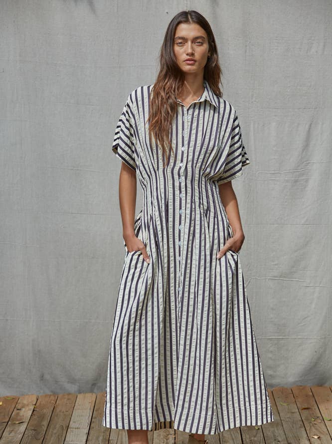 striped midi shirt dress Poppy Blue Self-Tie flared skirt Stripe Midi Shirt Dress WHITE/BLACK
