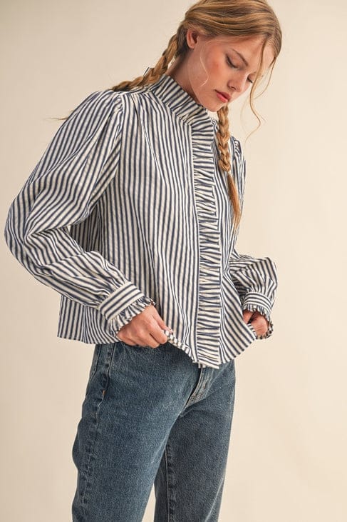 Striped Ruffle Trim Blouse in Denim Stripe