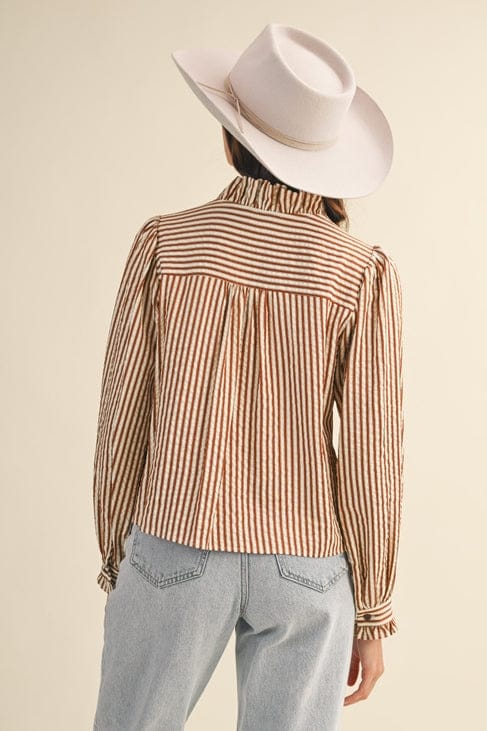Striped Ruffle Trim Blouse in Pecan Stripe