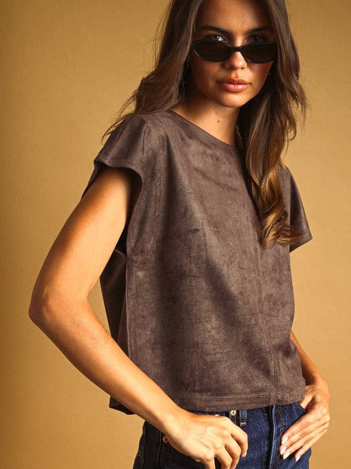 Suede Cap Sleeve Boxy Crop Top, 3 Colors Available