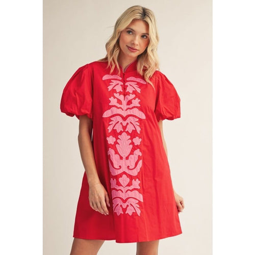 Pink Baroque Floral Applique Detail on Solid Red Shift Dress