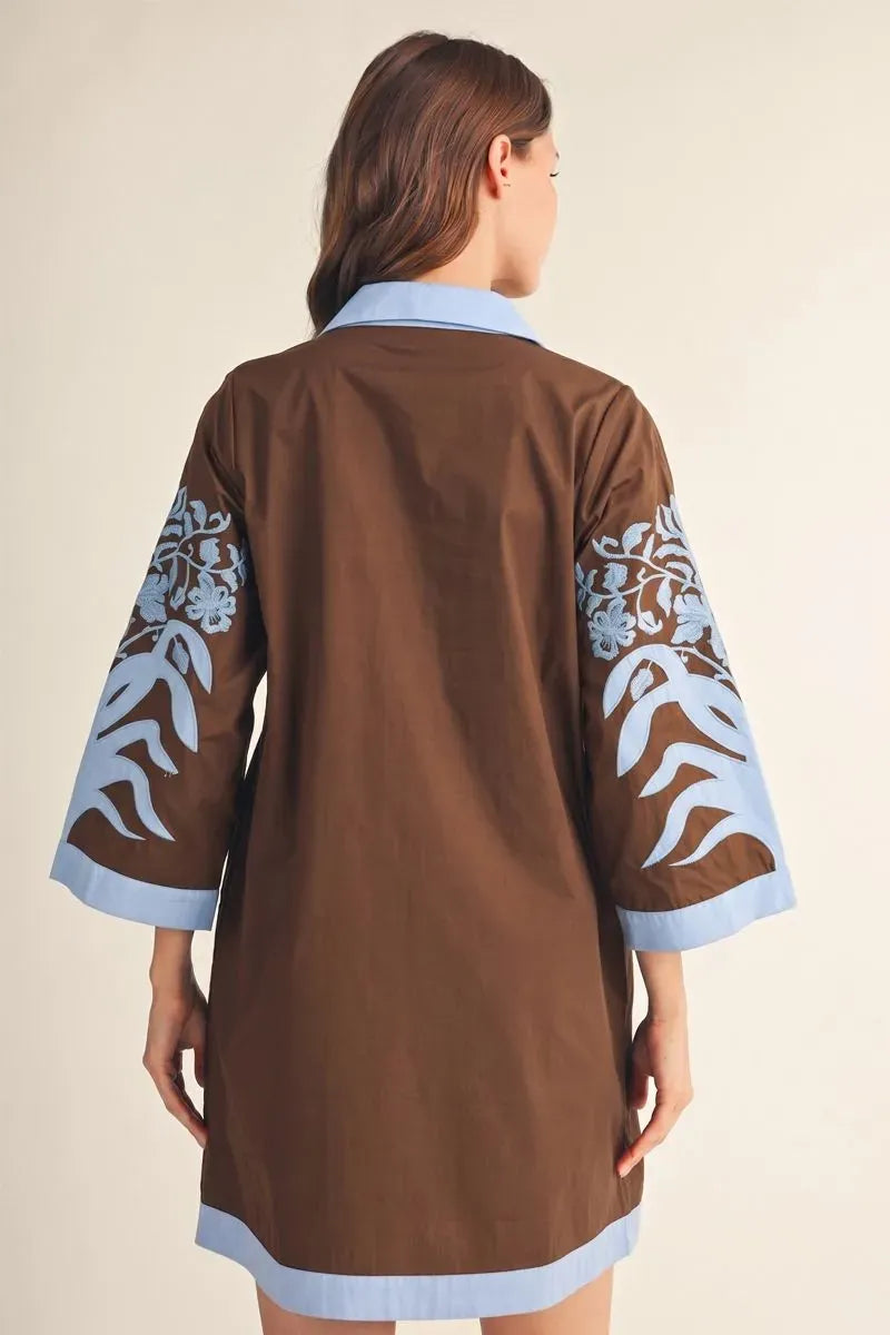 Baroque Embroidered Cotton Shift Dress - Chocolate Brown