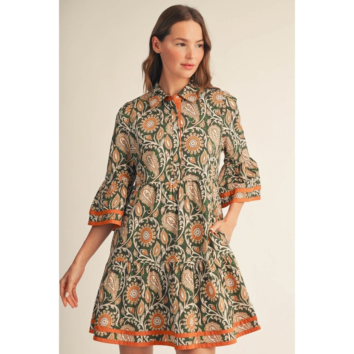 Hunter Green Paisley Floral Dress with Bell Sleeves