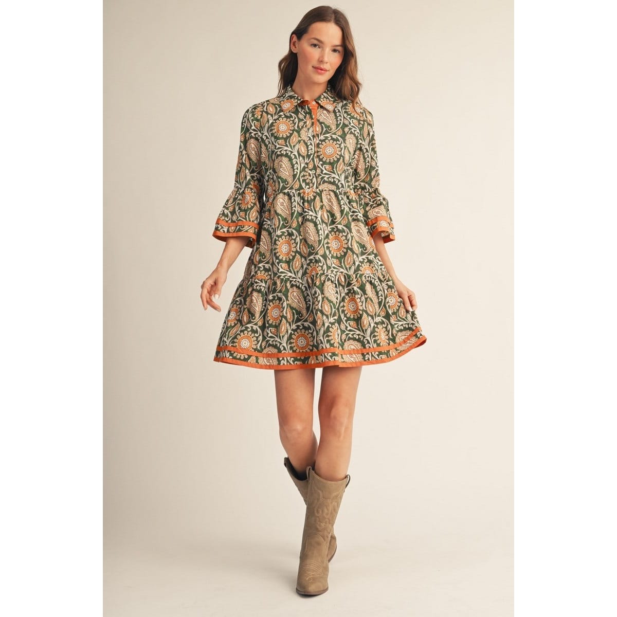Hunter Green Paisley Floral Dress with Bell Sleeves