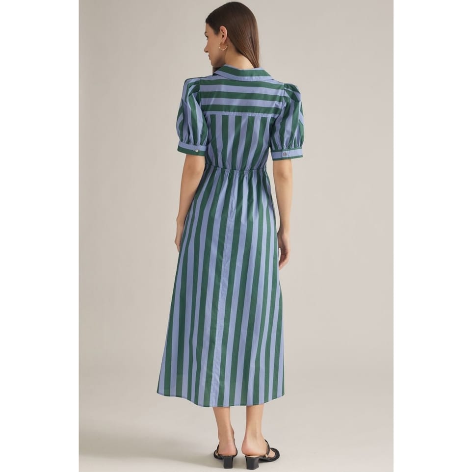Stripe Short Puff Sleeve Midi Dress
