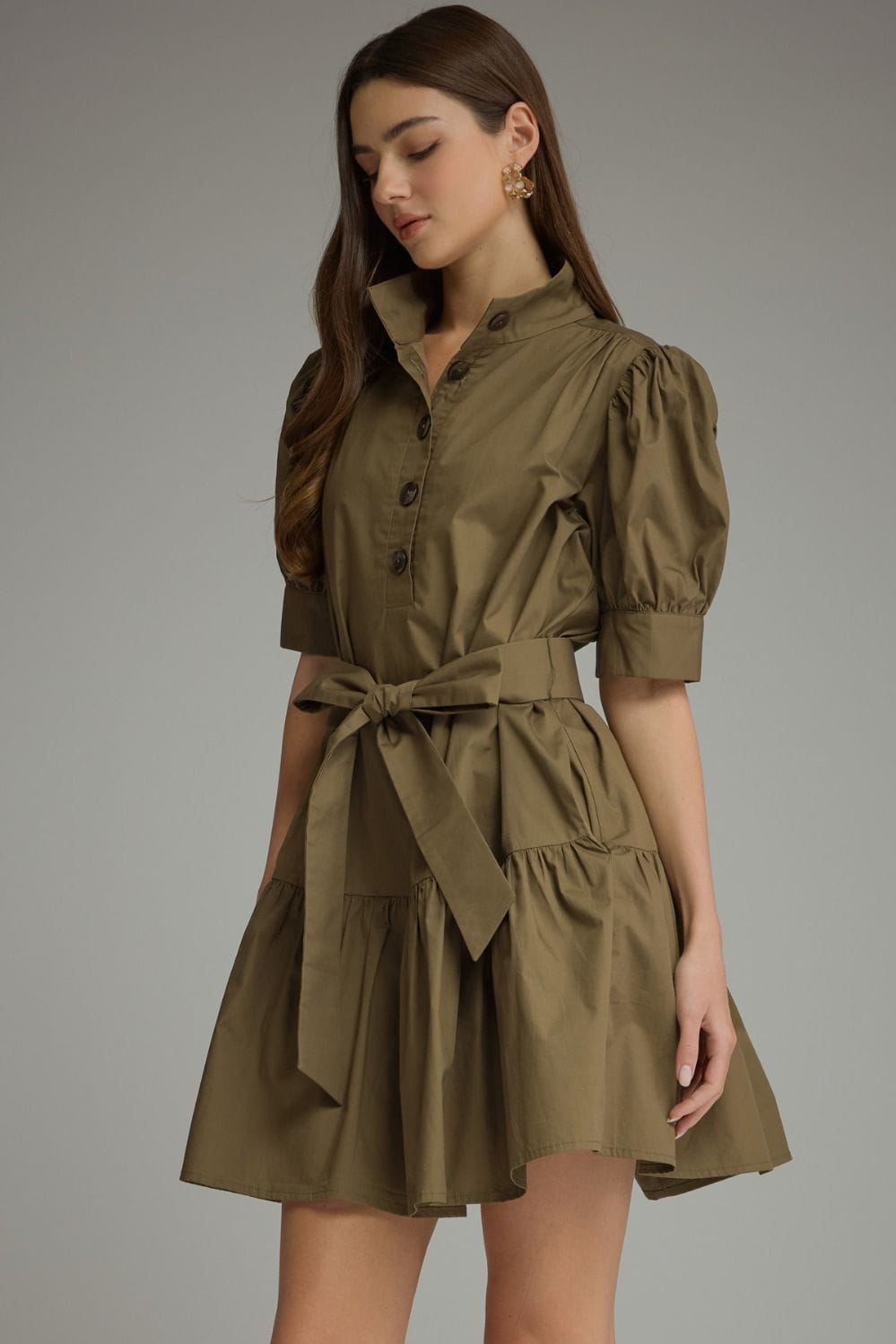 Solid Short Puff Sleeve Tiered Mini Dress