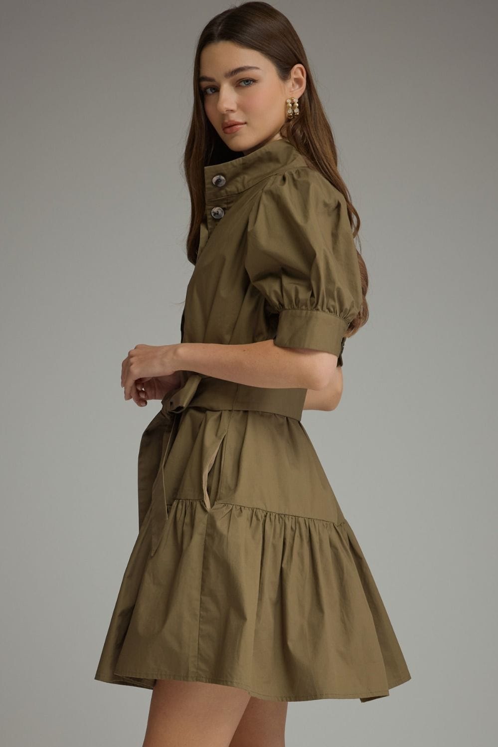 Solid Short Puff Sleeve Tiered Mini Dress