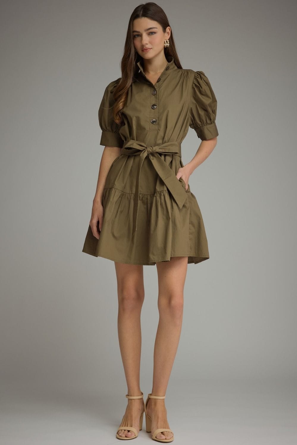 Solid Short Puff Sleeve Tiered Mini Dress