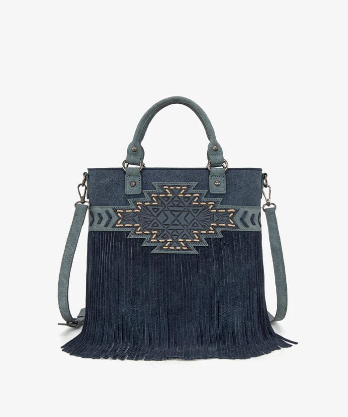 Navy Aztec Tooled Fringe Tote/Crossbody