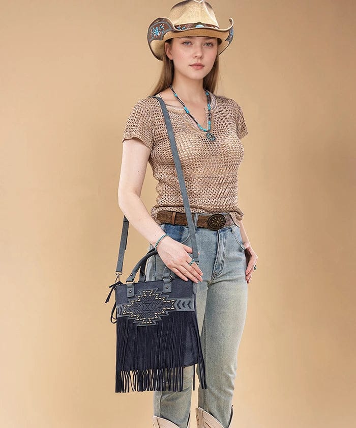 Navy Aztec Tooled Fringe Tote/Crossbody